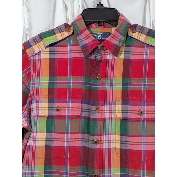 Polo by Ralph Lauren Madras Plaid Safari Red Short Sleeve Button Up Size Medium - Picture 4 of 10